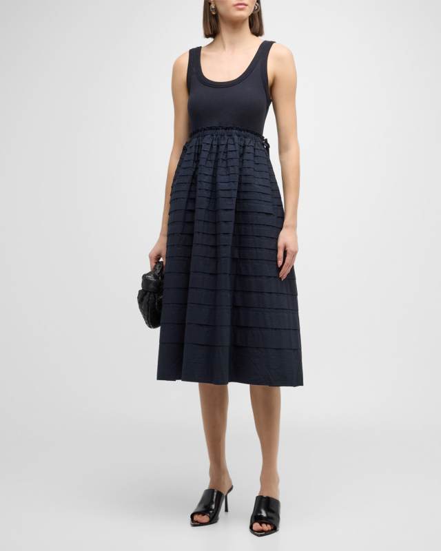 Akira Sleeveless Scoop-Neck Pintuck Combo Midi Dress