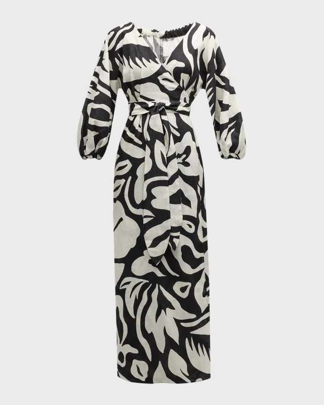 Baudo Belted Linen Maxi Wrap Dress