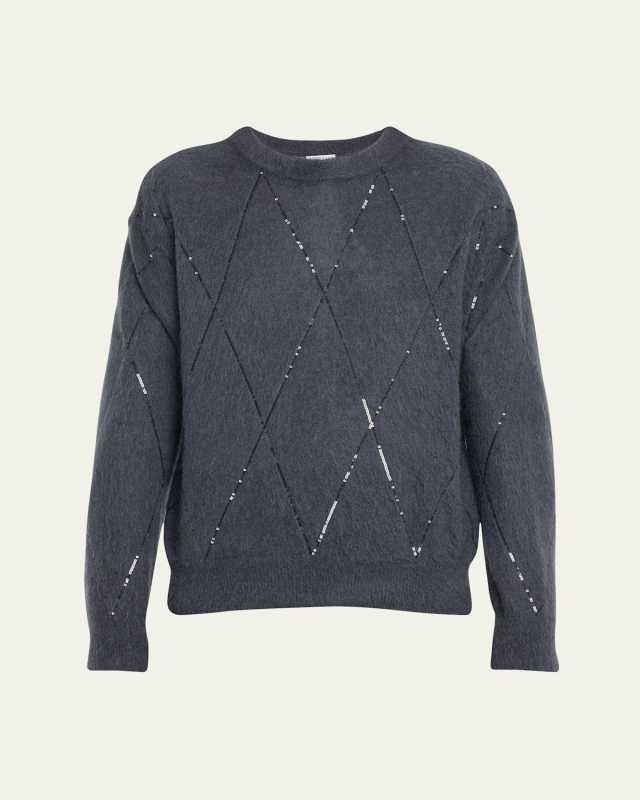 Cashmere and Wool Blend Sequin Argyle Sweat