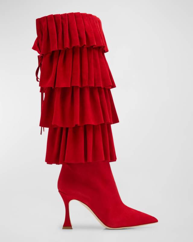 Miralone Ruffled Suede Knee Boots