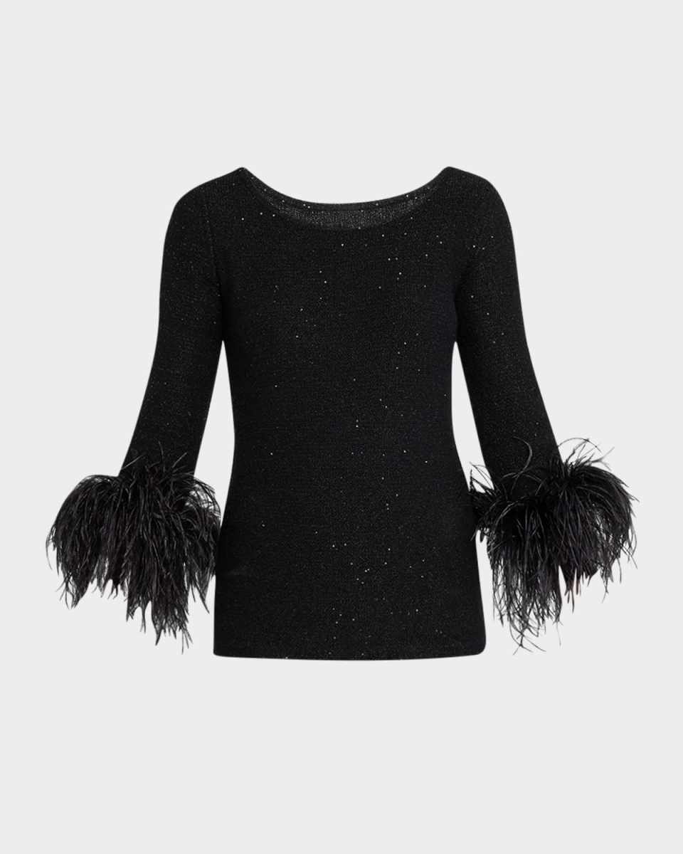Cashmere Feather-Trim Sequin Knit Top
