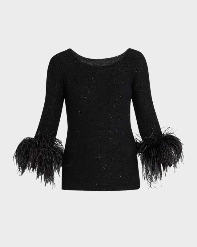 Cashmere Feather-Trim Sequin Knit Top