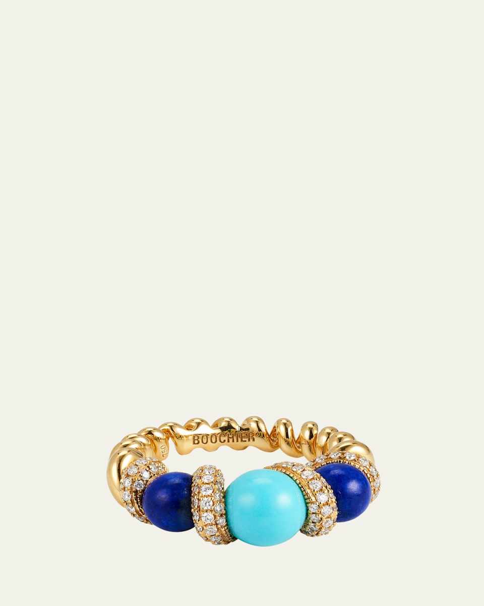 18K Lapis, Turquoise and Diamond Gumball Slinkee Ring