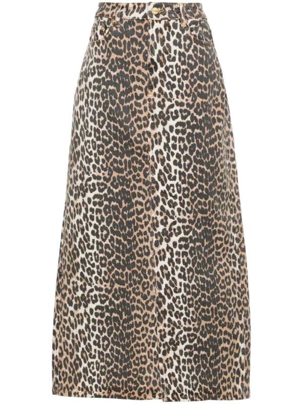 high-waisted leopard-print denim midi skirt