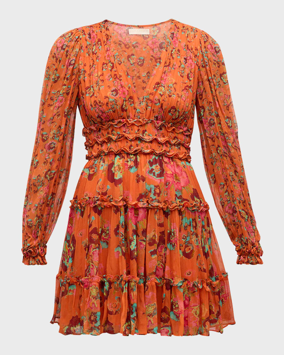 Lya Floral Silk Tiered V-Neck Mini Dress