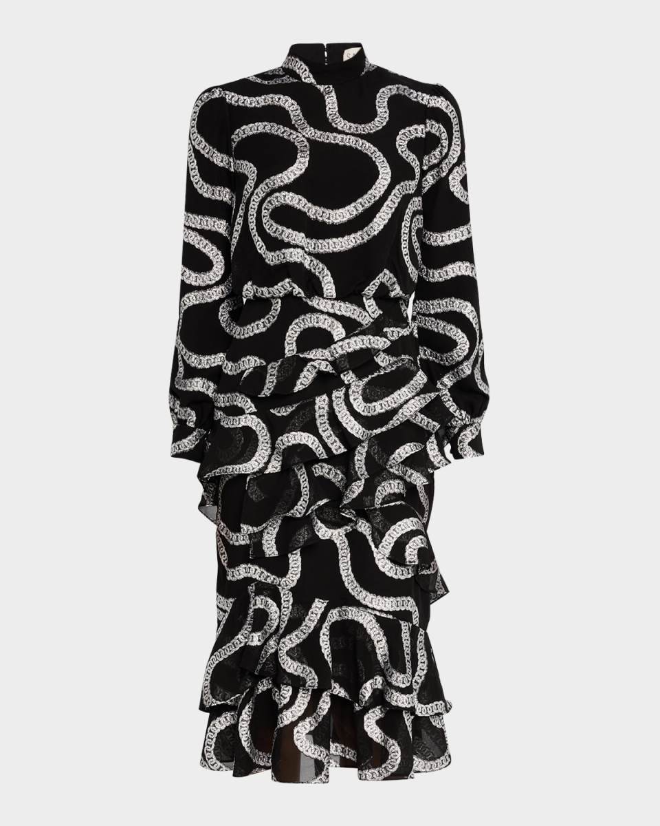 Isa Mock-Neck Floral-Print Silk Midi Dress