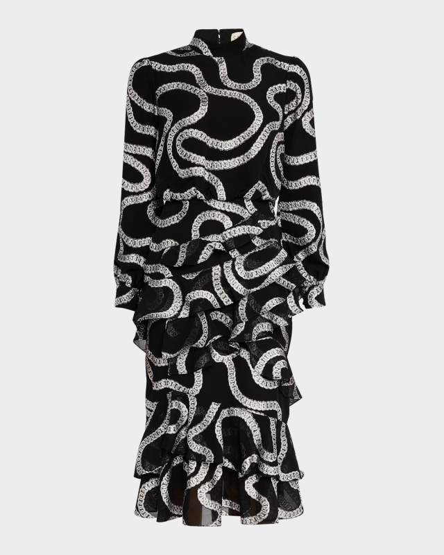 Isa Mock-Neck Floral-Print Silk Midi Dress