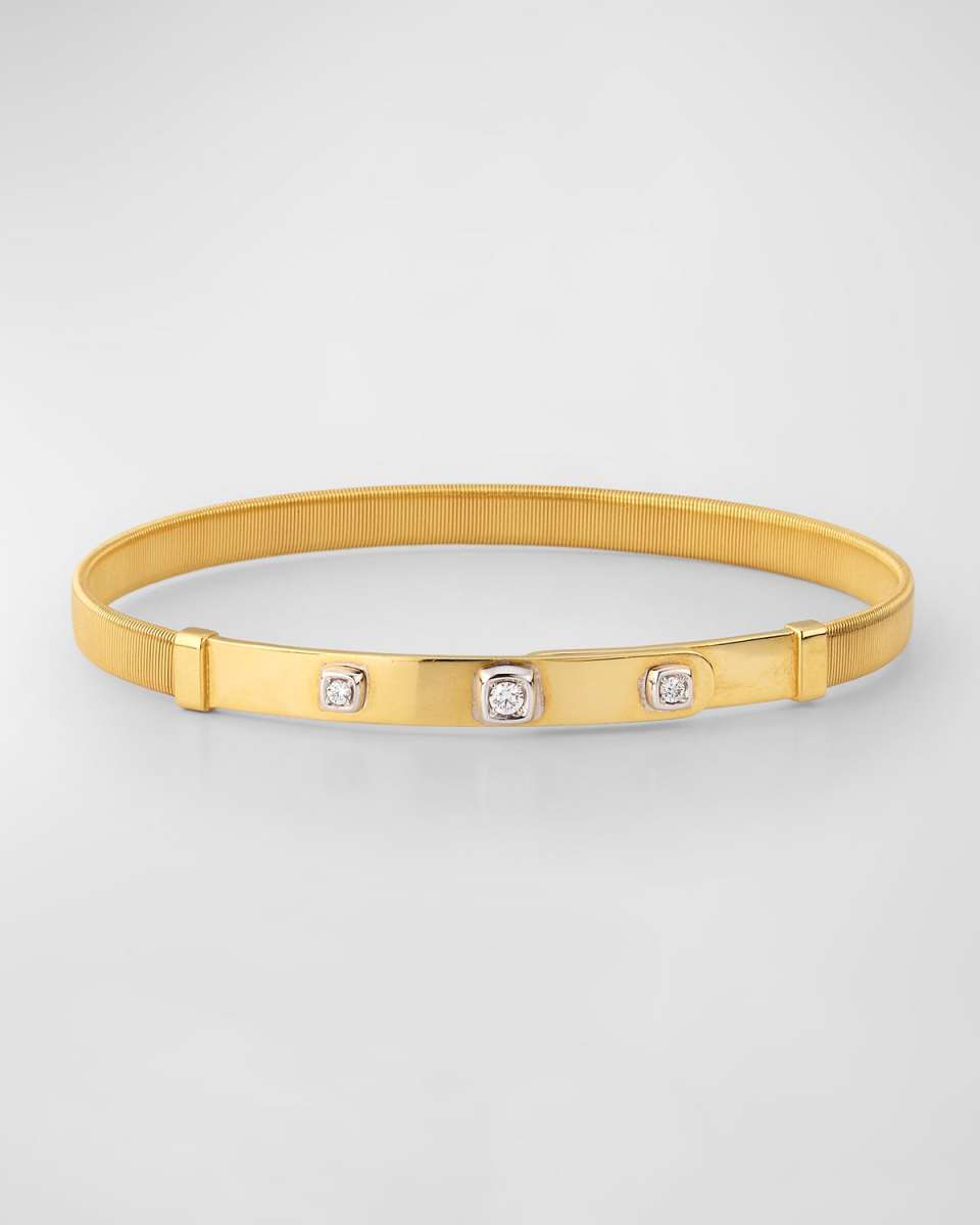 18K Yellow Gold Coil and Diamond Thin Bangle Bracelet
