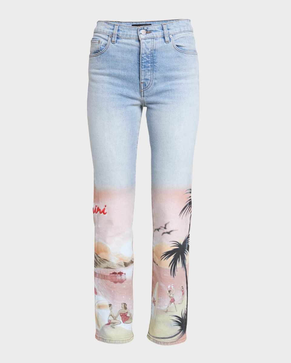 High-Rise Resort Club-Print Straight-Leg Jeans