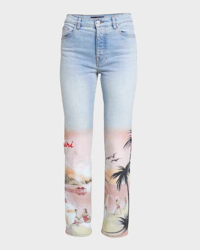 High-Rise Resort Club-Print Straight-Leg Jeans