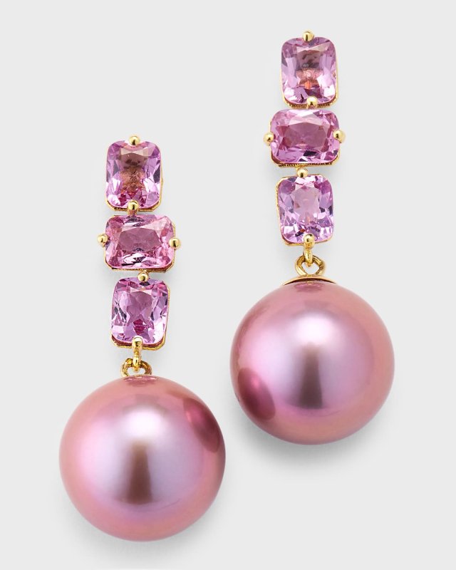 18k Yellow Gold Pink Sapphire and Kasumiga Pearl Earrings