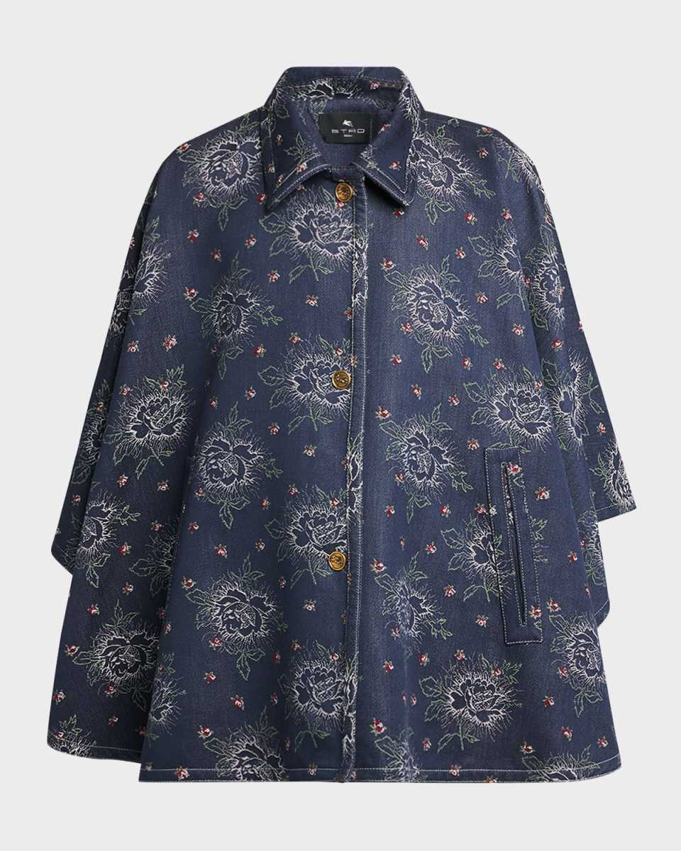 Denim Embroidered Floral Cape