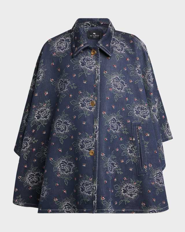 Denim Embroidered Floral Cape