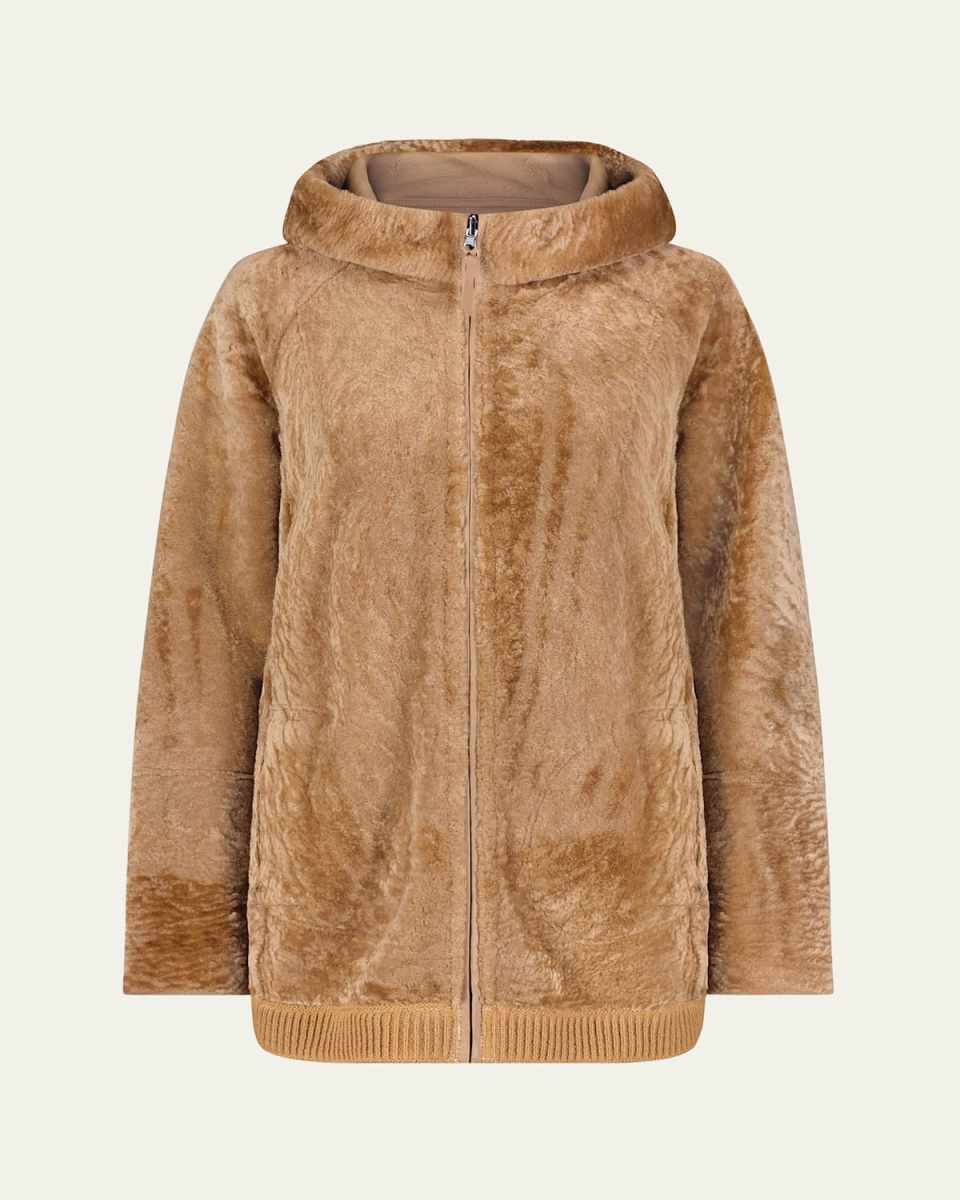 Reversible Textured Shearling Lamb Zip Hooded Jacket
