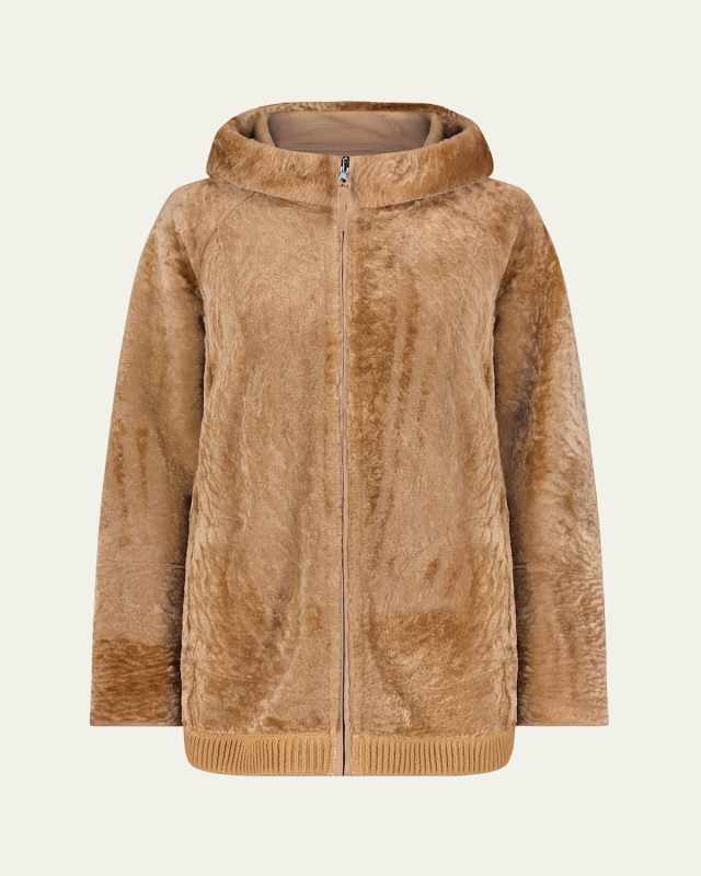 Reversible Textured Shearling Lamb Zip Hooded Jacket