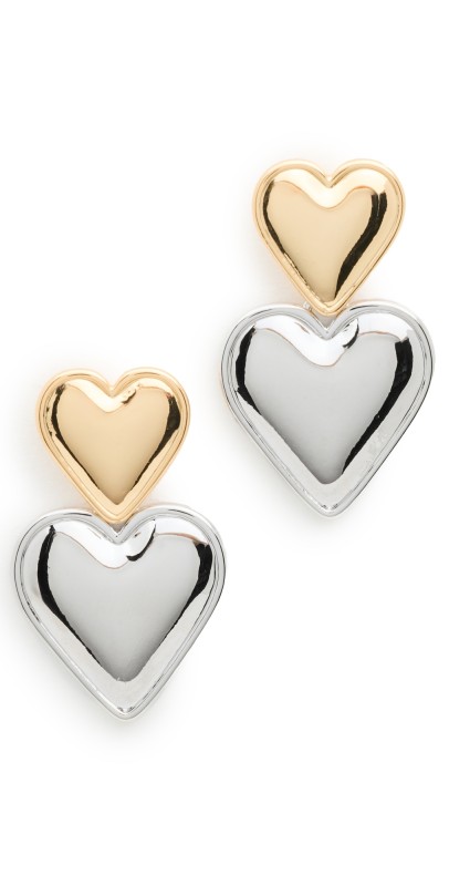By Adina Eden Two Tone Double Heart Drop Stud Earrings Gold