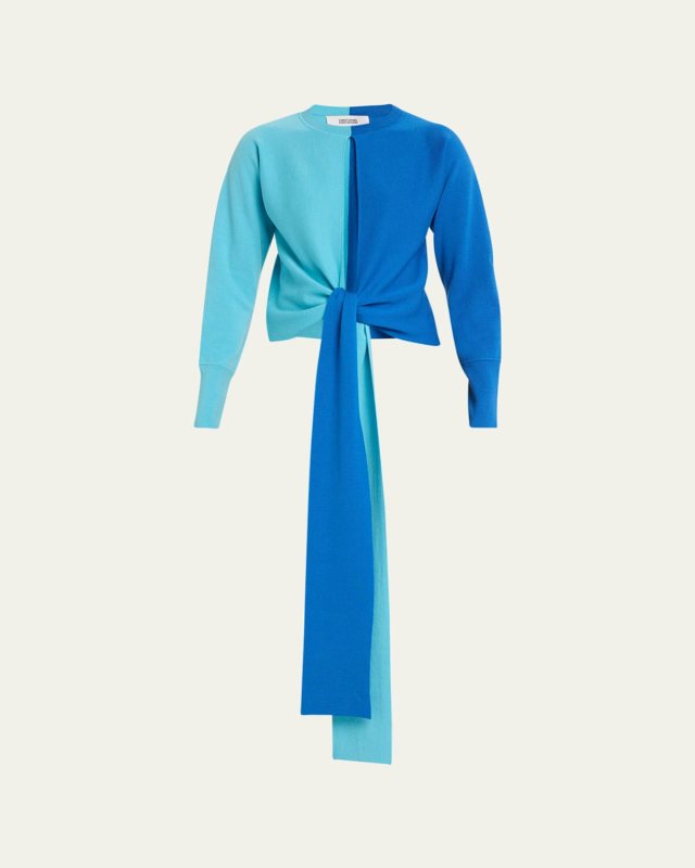Colorblock Keyhole Tie-Front Wool Sweater