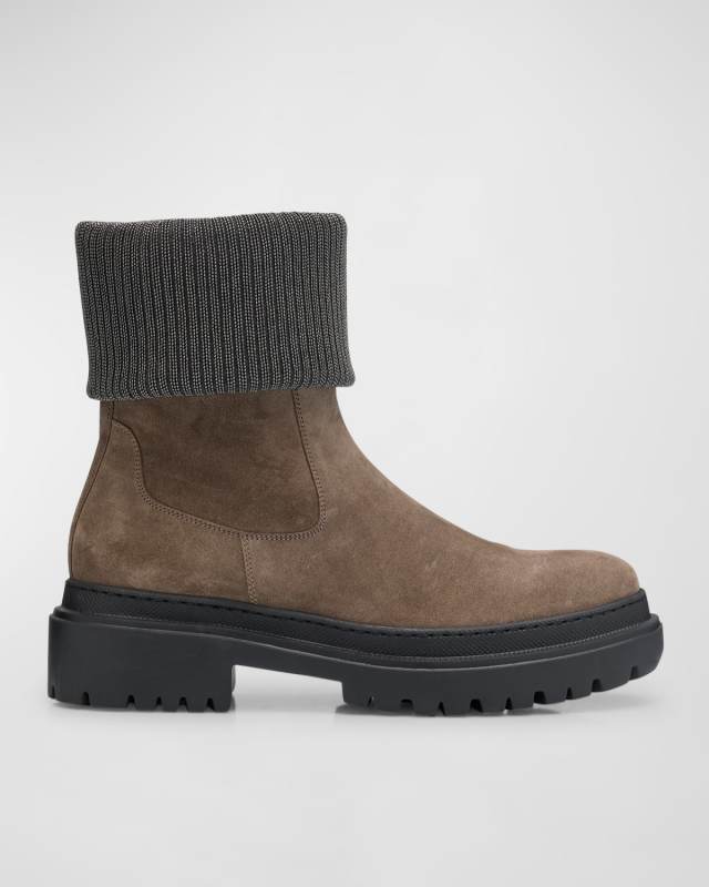 Suede Monili-Collar Ankle Boots