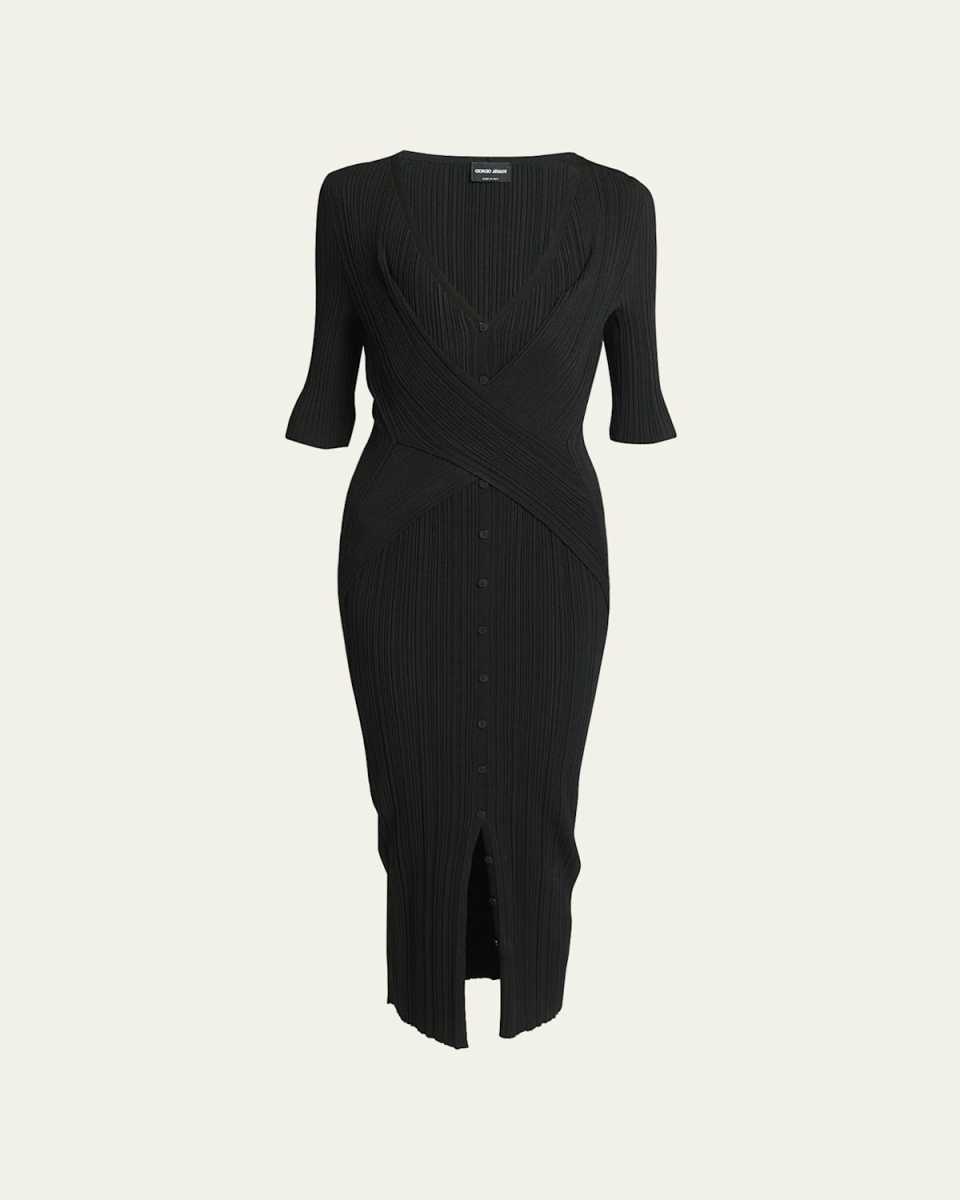 Button Front Ribbed Body-Con Midi Dress