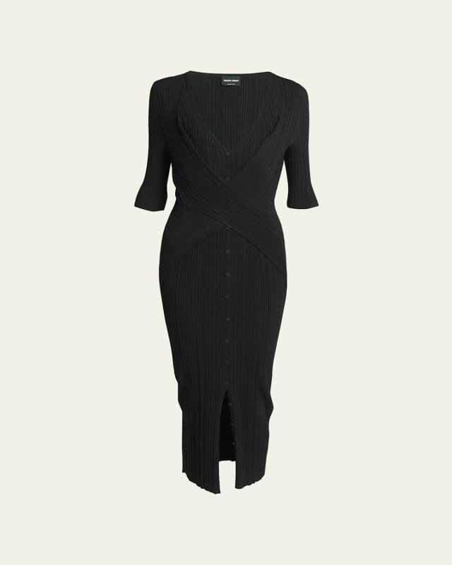 Button Front Ribbed Body-Con Midi Dress