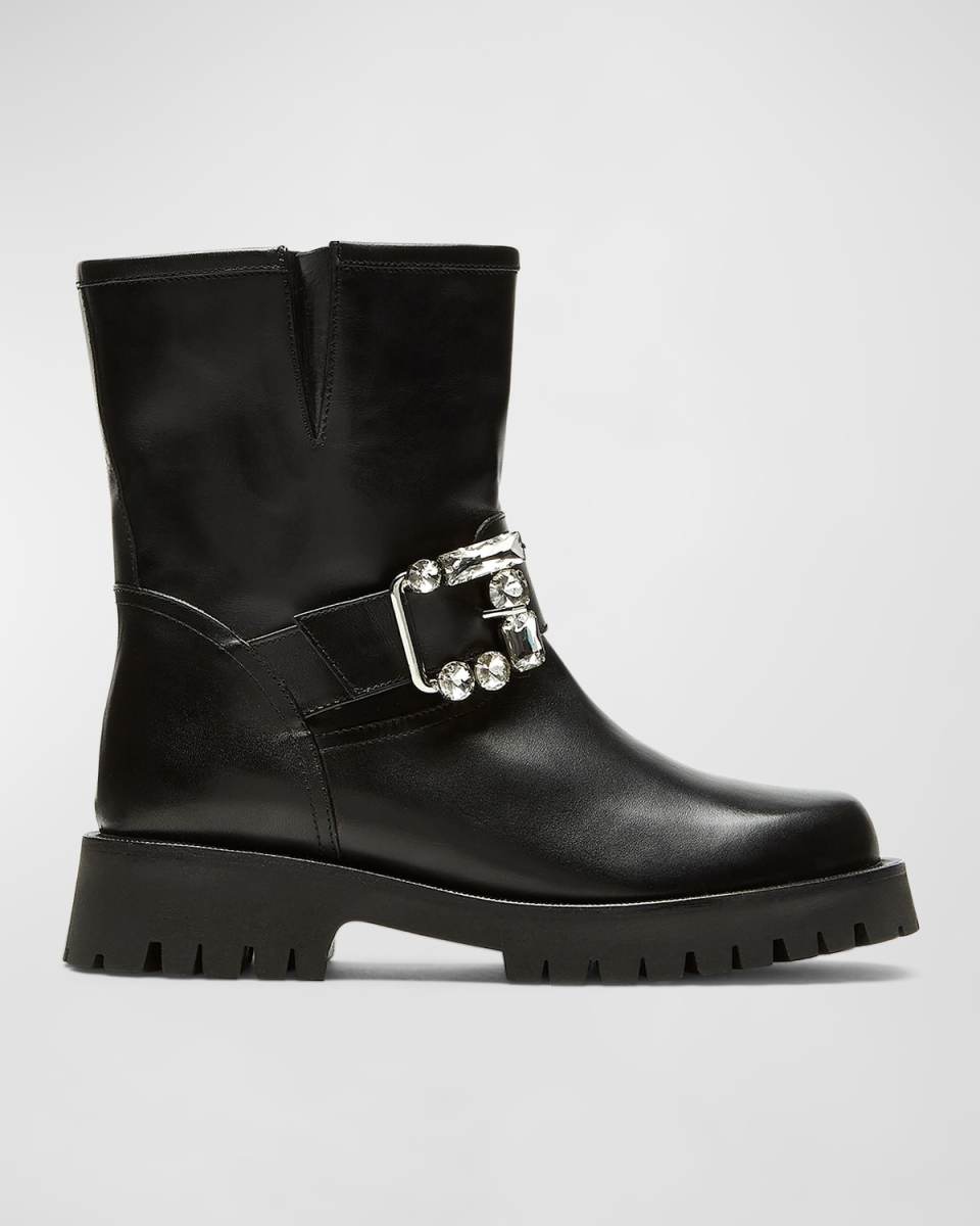 Bronwin Leather Crystal-Buckle Moto Boots