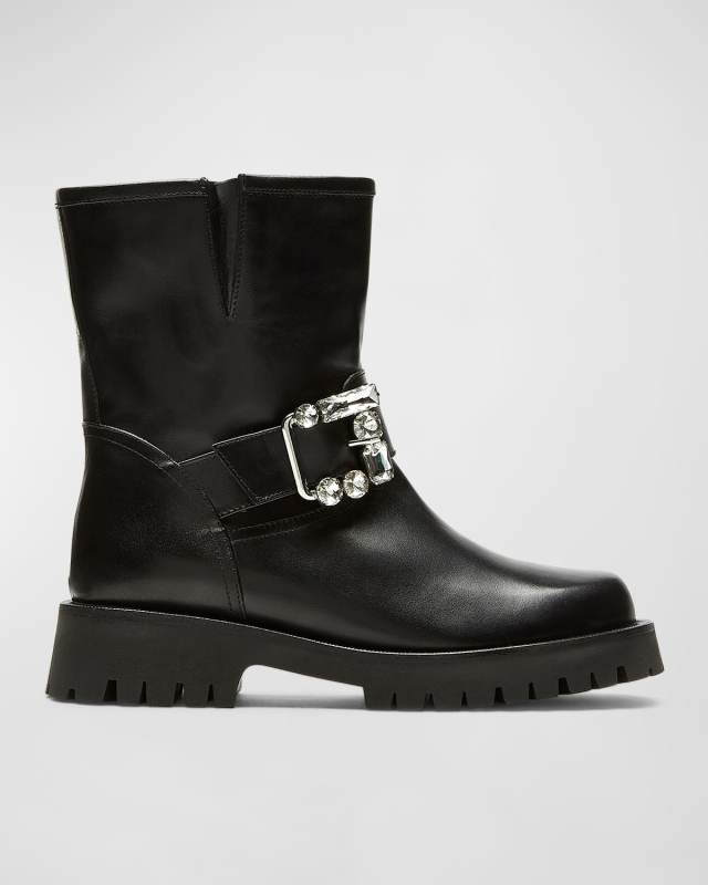 Bronwin Leather Crystal-Buckle Moto Boots