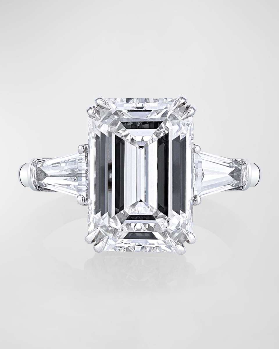 Platinum 3 Stone Diamond Ring with White Emerald Cut Center and Tapered Baguette Sides, Size 6.5, 12.1tcw