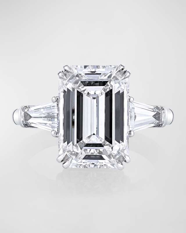 Platinum 3 Stone Diamond Ring with White Emerald Cut Center and Tapered Baguette Sides, Size 6.5, 12.1tcw