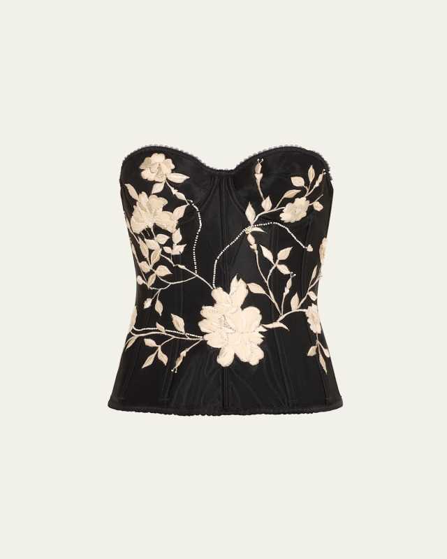 Floral-Embroidered Satin Corset