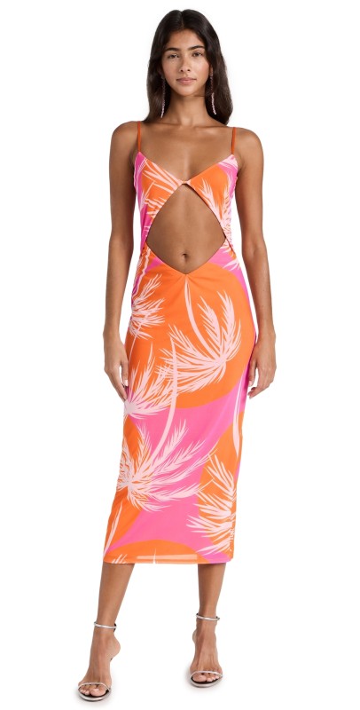 AFRM Keefa Key Hole Midi Dress ORANGE PALM