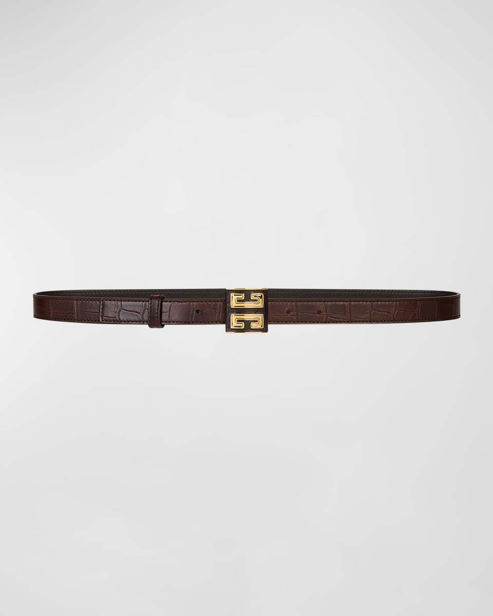 4G Croc-Embossed Leather & Brass Skinny Belt