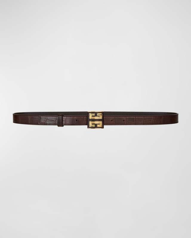 4G Croc-Embossed Leather & Brass Skinny Belt
