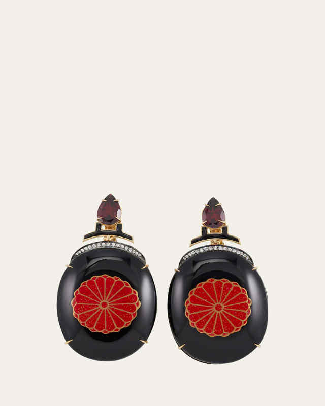 18K Yellow Gold Red Flower Earrings with Diamonds and Garnet