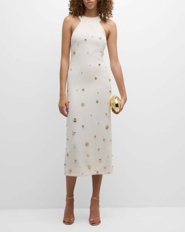 Studded Cady Sleeveless Halter Midi Dress