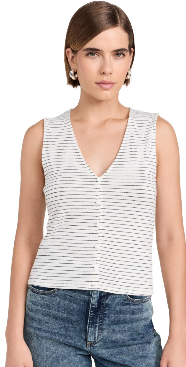 rag & bone The Knit Stripe Button Up Tank Ivorymult