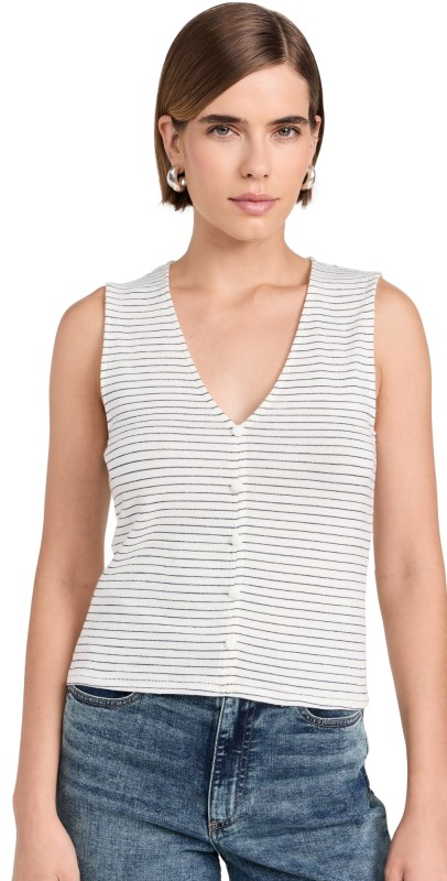 rag & bone The Knit Stripe Button Up Tank Ivorymult