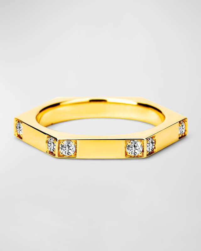 18K Yellow Gold Hex Band with Diamonds, Size