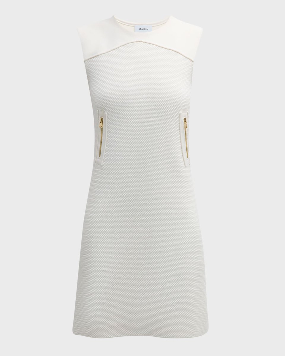 Zipper-Pocket Sleeveless Pebble Texture Knit Mini Dress