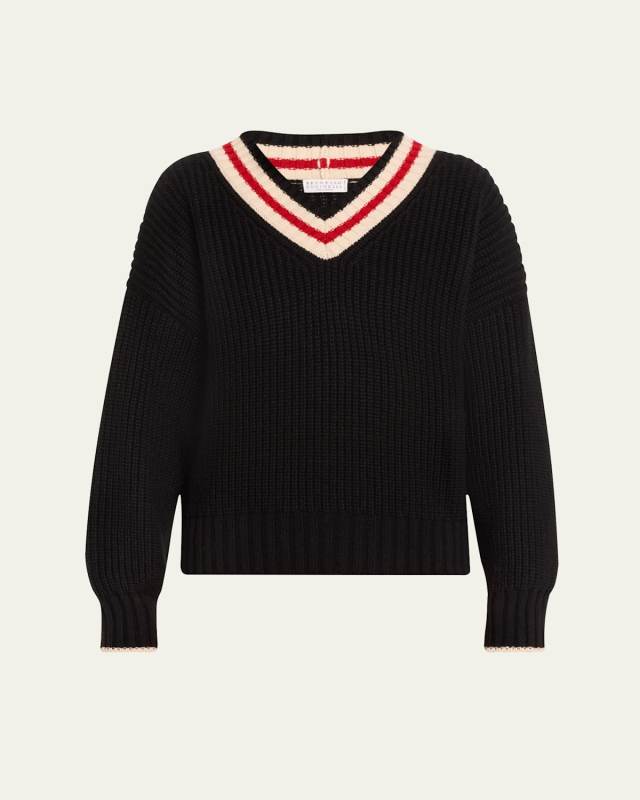 Cashmere English Ribbed Sweater with Varsity Stripes