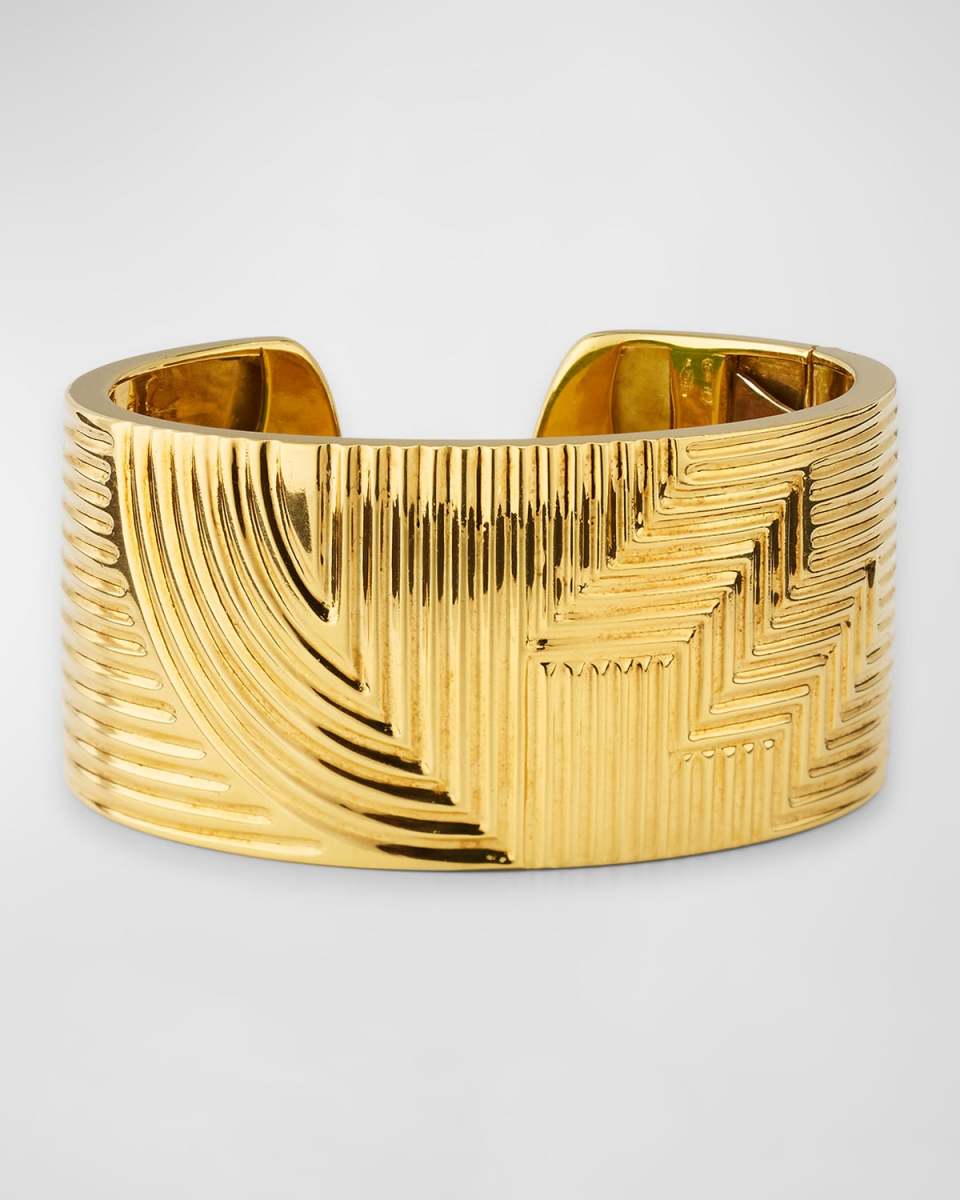 Estate 18K Yellow Gold Geometric Hinged Cuff Bangle Bracelet