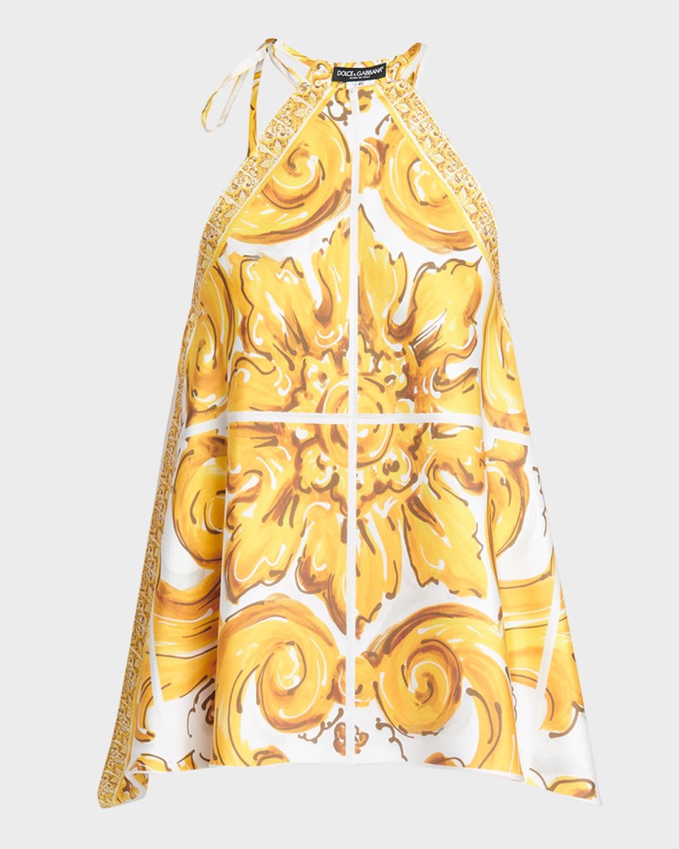 Silk Twill Brocade Print Top with Tie Neck