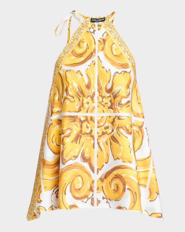 Silk Twill Brocade Print Top with Tie Neck