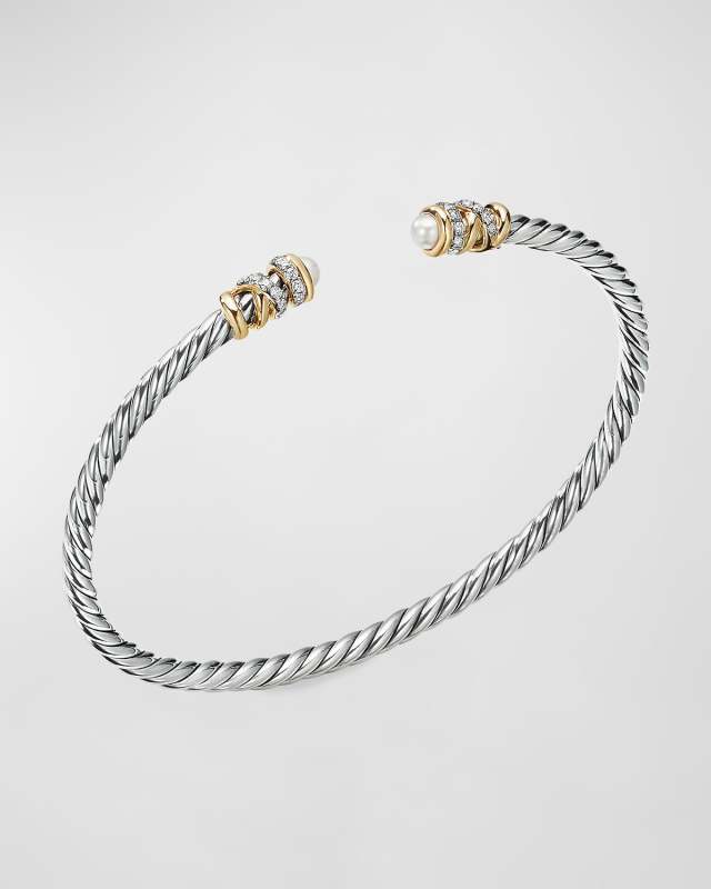 Petite Helena Open Bracelet with Diamonds and Pearls, Size M
