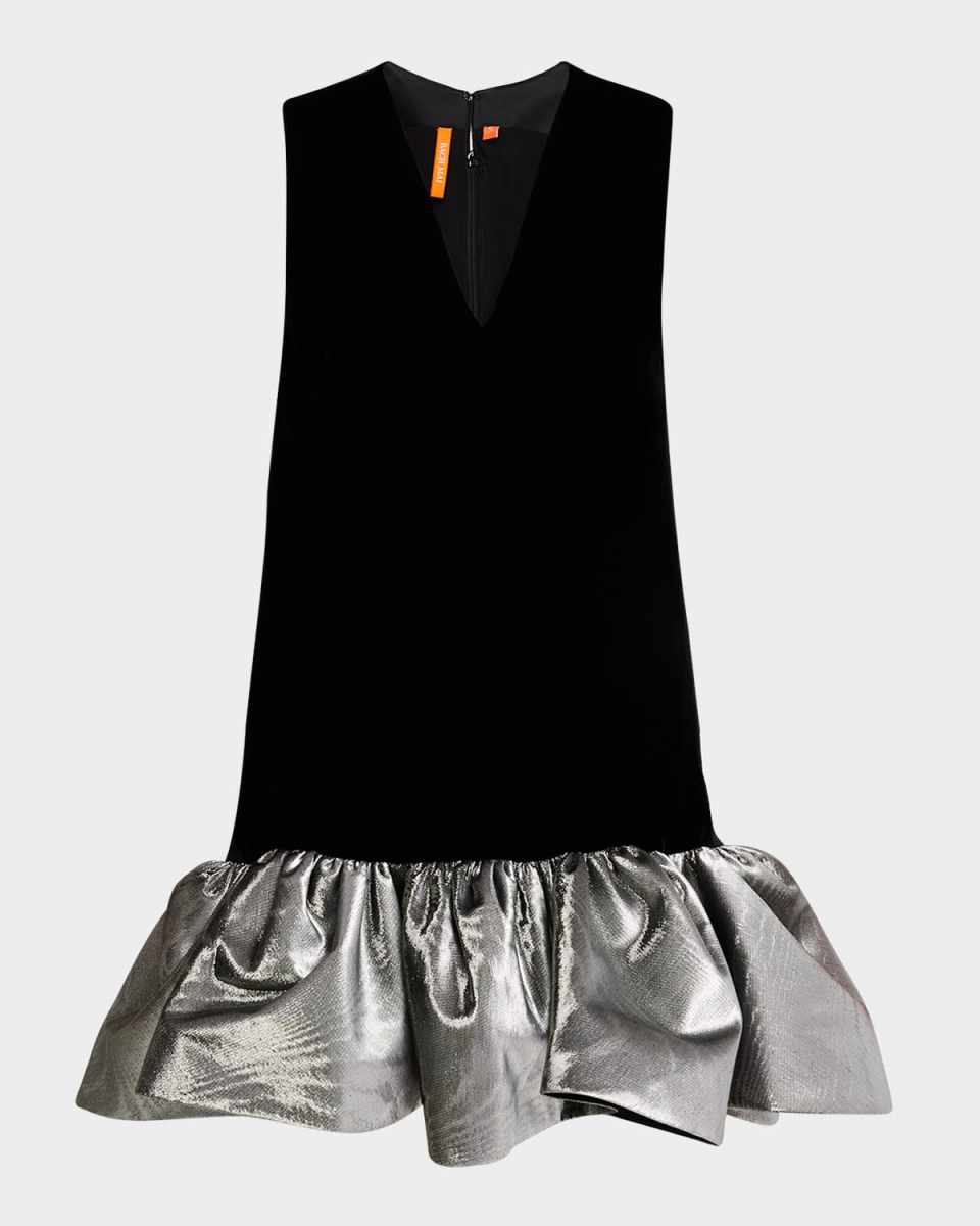Sleeveless Velvet Mini Babydoll Dress With Metallic Ruffl
