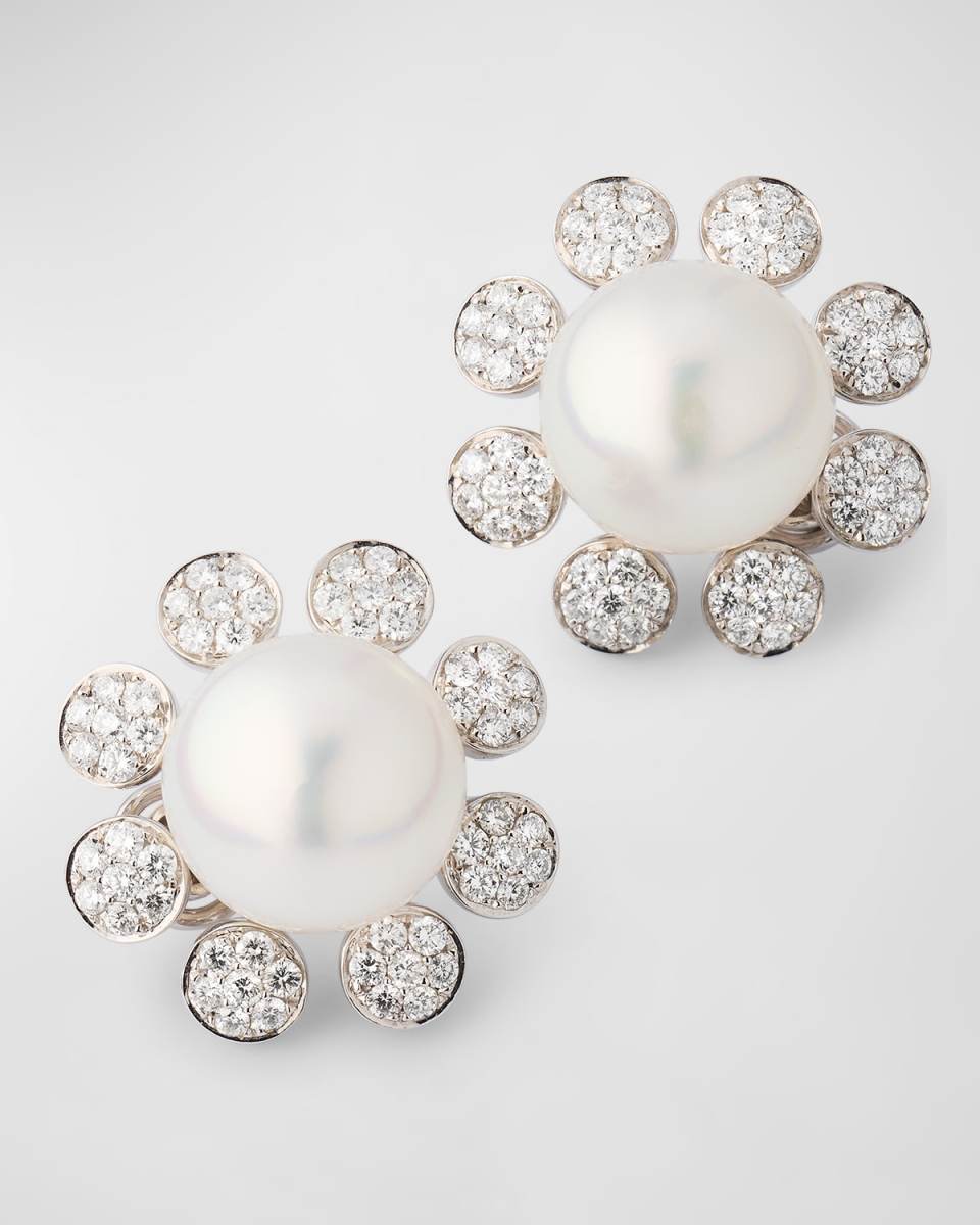 18K White Gold 14mm South Sea Pearl and Diamond Flower Earrings
