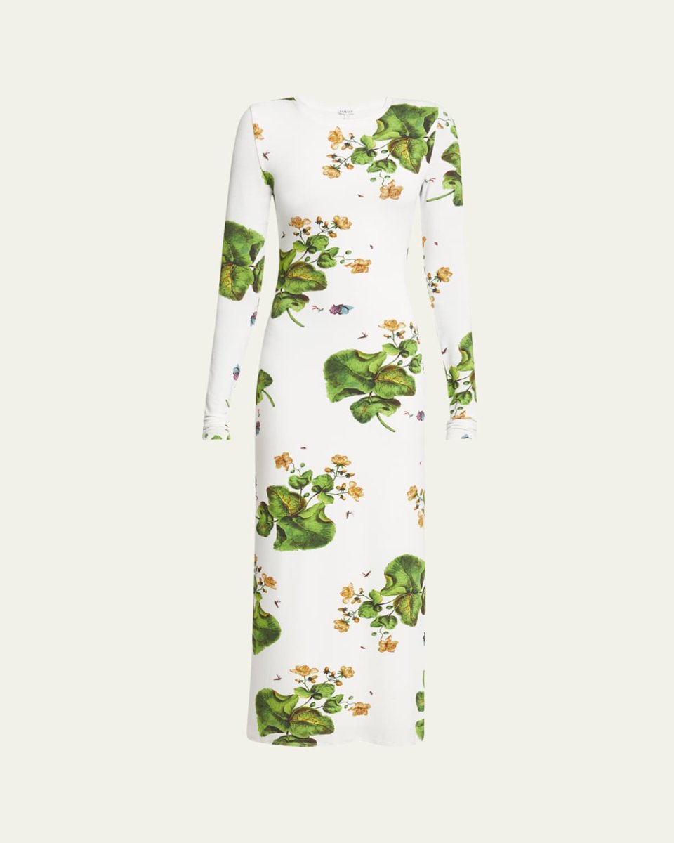 Leaf Print Midi Dress with Side Slits