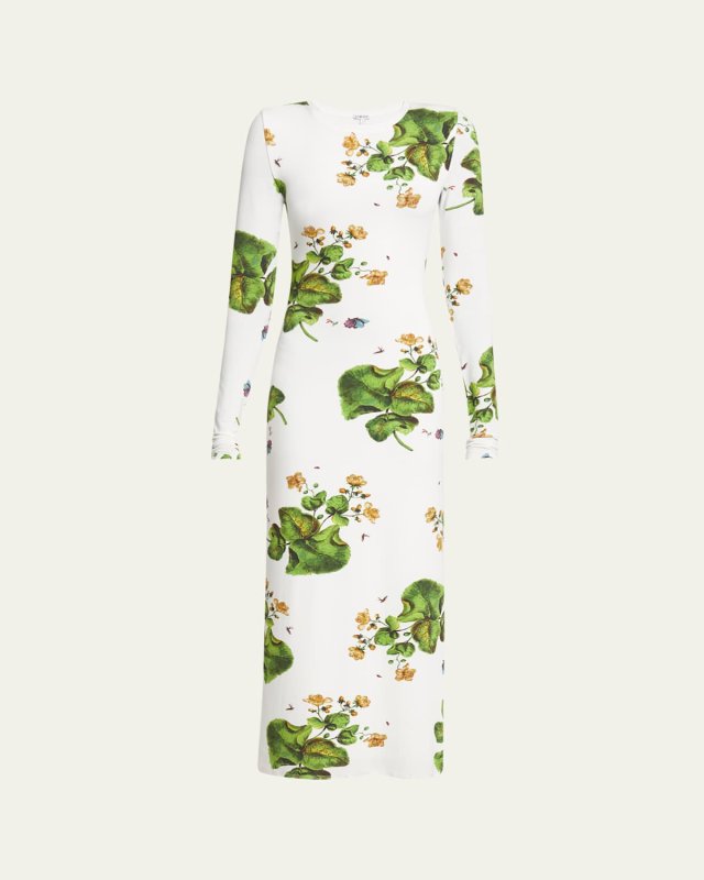 Leaf Print Midi Dress with Side Slits