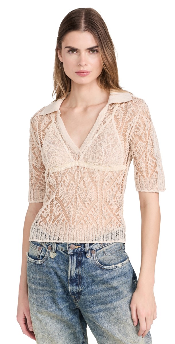 GANNI Thin Cotton Lace Short Sleeve Polo Egret