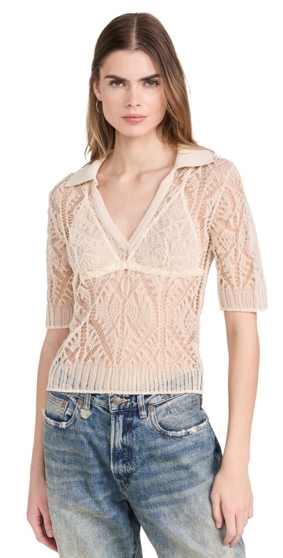 GANNI Thin Cotton Lace Short Sleeve Polo Egret
