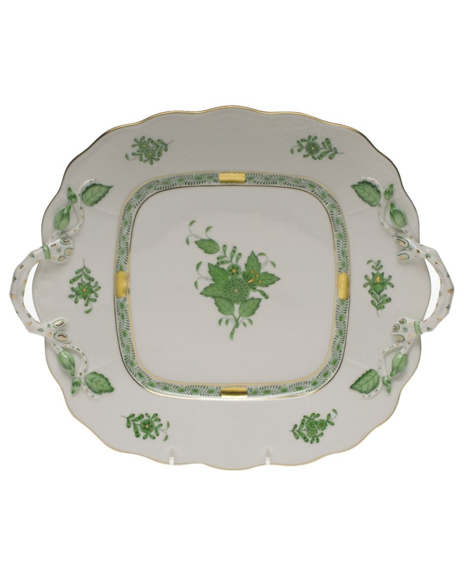 Chinese Bouquet Green Square Cake Plate with Handles